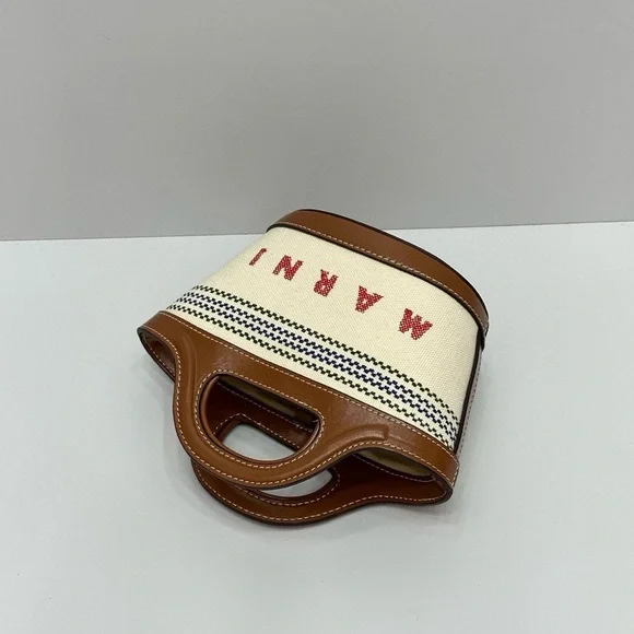 Marni Mini Canvas Tote with Tan Leather Trim and Red Logo - Picture 3 of 7